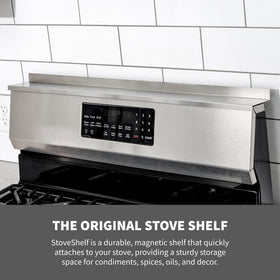 StoveShelf on-stove magnetic attachment demonstrates zero-install setup.