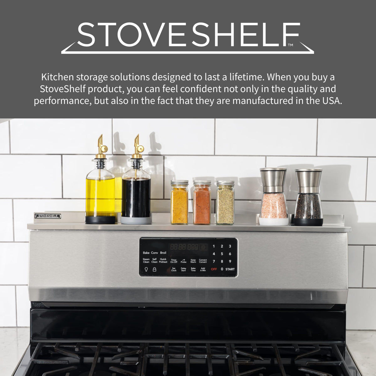 STOVE SHELF fits flat and curved stoves for flexible placement.