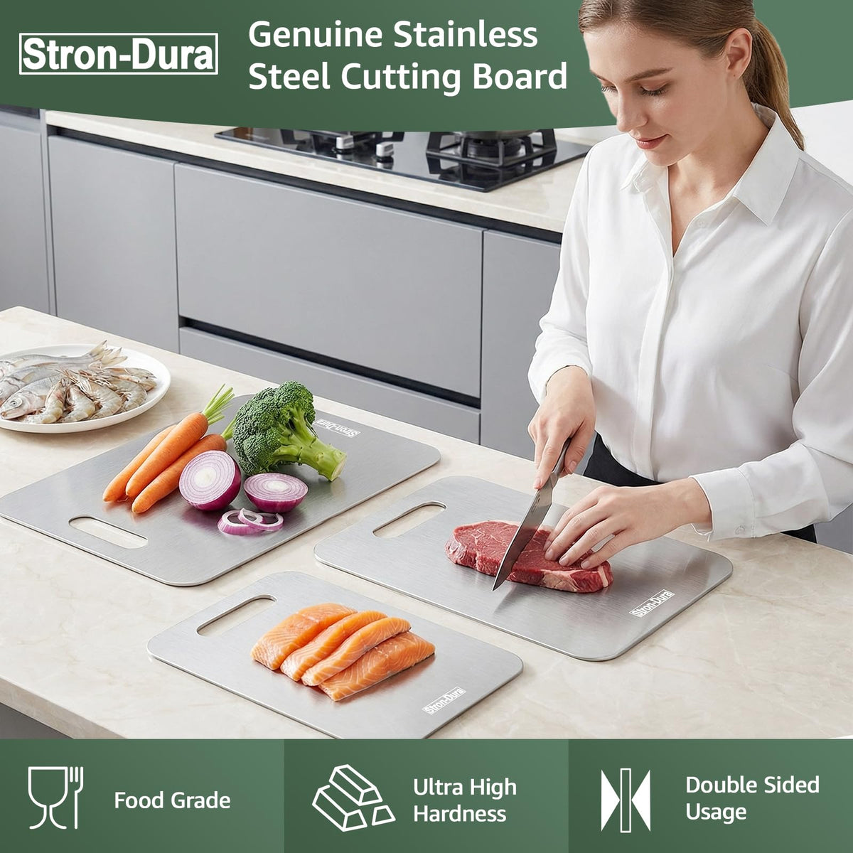 Stron-Dura dual-side cutting board in use for meat on one side.