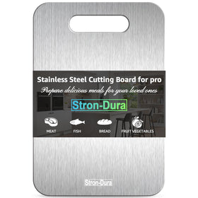 Stron-Dura cutting board front view with dual-sided stainless steel surface for versatile prep.