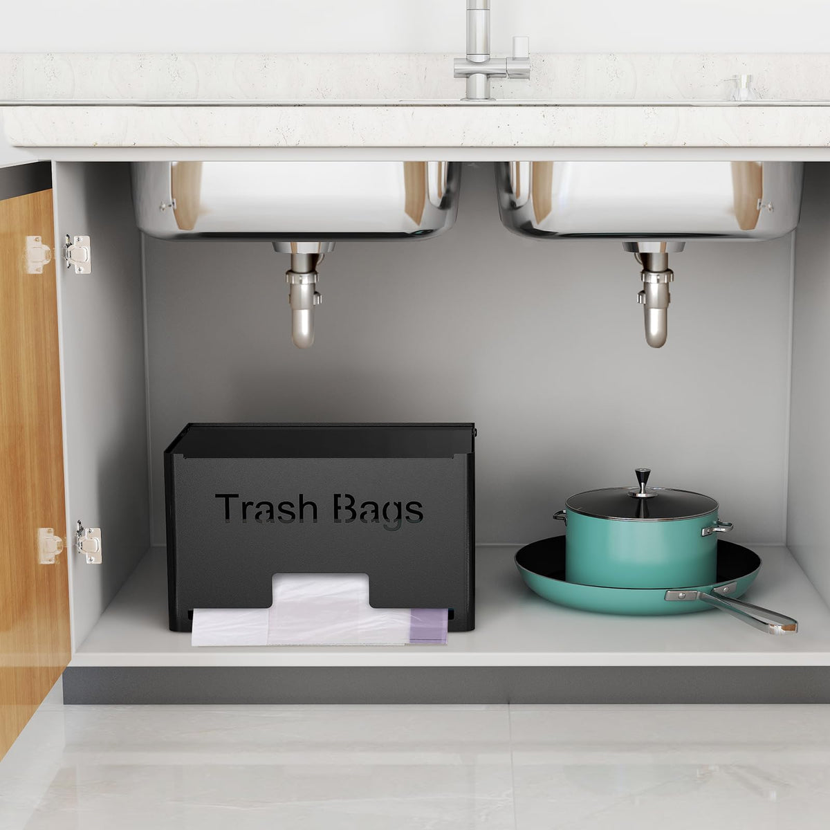 STWWO organized kitchen with compact trash bag storage