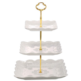 Sumerflos 3-tier porcelain cupcake stand assembled for elegant dessert display at events.