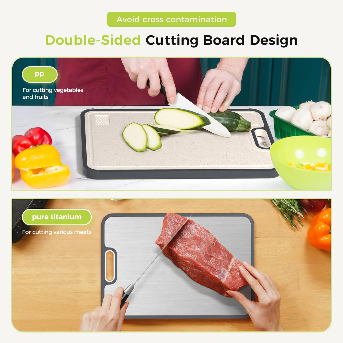 Sumzzz cutting board garlic milling area helps prep aromatics quickly.