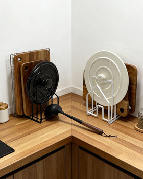 SUNFICON cutting board rack white cabinet display for neat storage.