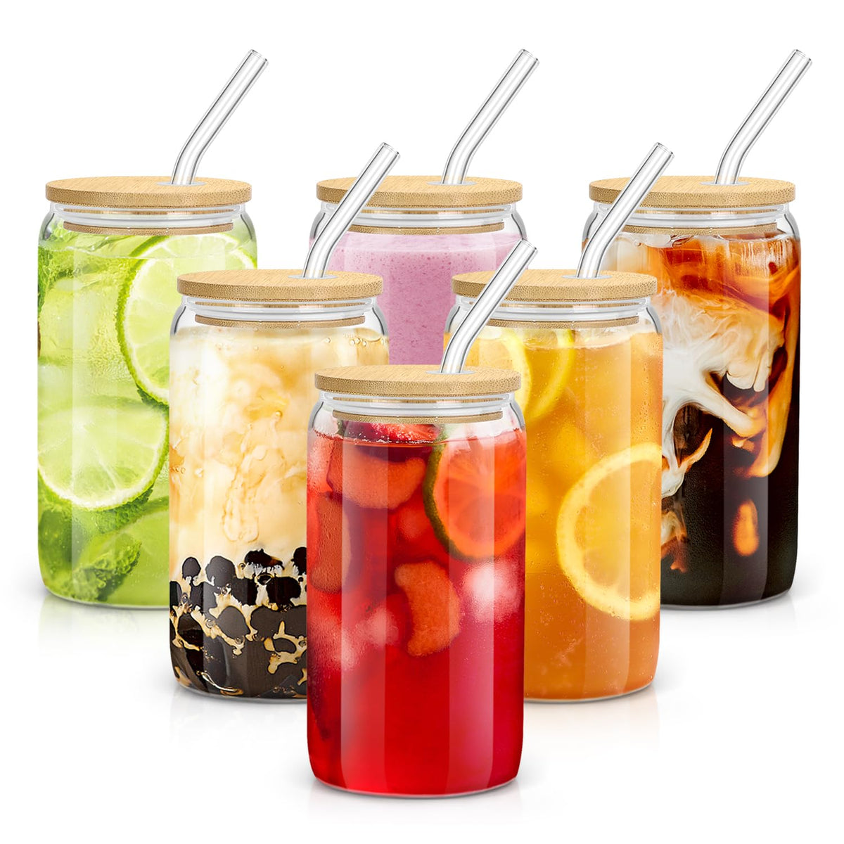 Sungwoo 6-pack glass cups with bamboo lids and straws for cocktails and iced beverages