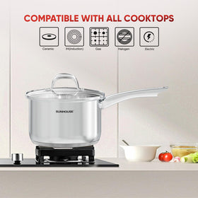 Sunhouse 2-quart sauce pan on induction cooktop ready for versatile use.