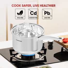 Sunhouse 2-quart sauce pan lid with steam vent helps control moisture.