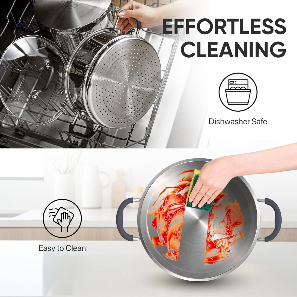 Sunhouse cool-touch handles stay comfortable while lifting hot meals.