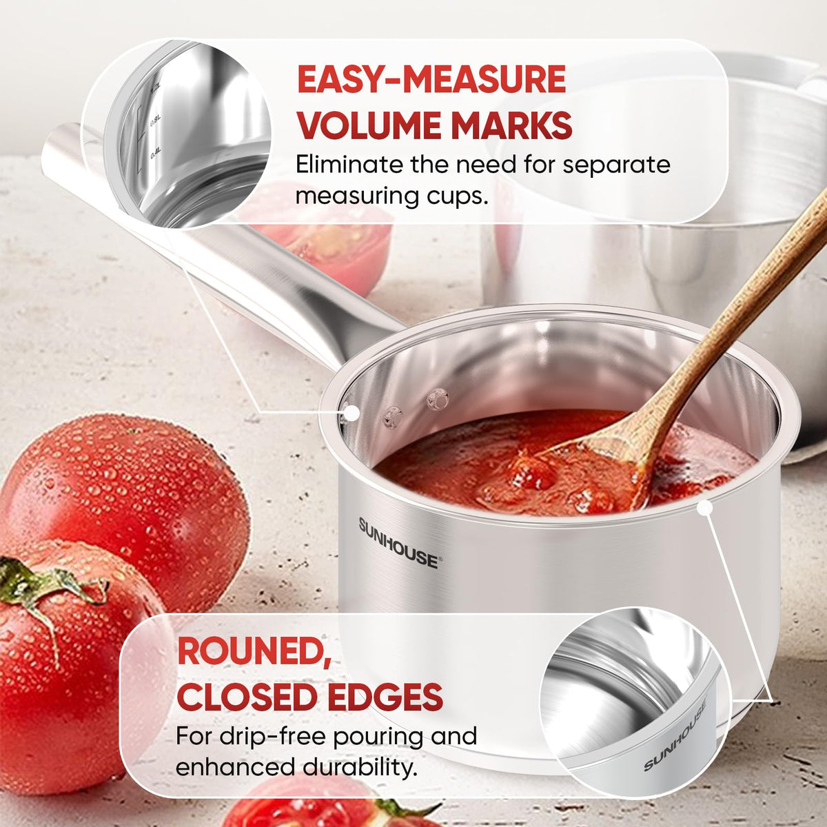 Sunhouse tempered glass lid with steam vent helps monitor cooking.