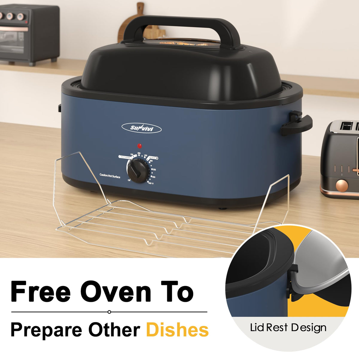 Sunvivi Roaster Oven showing warm and defrost settings for flexible timing.