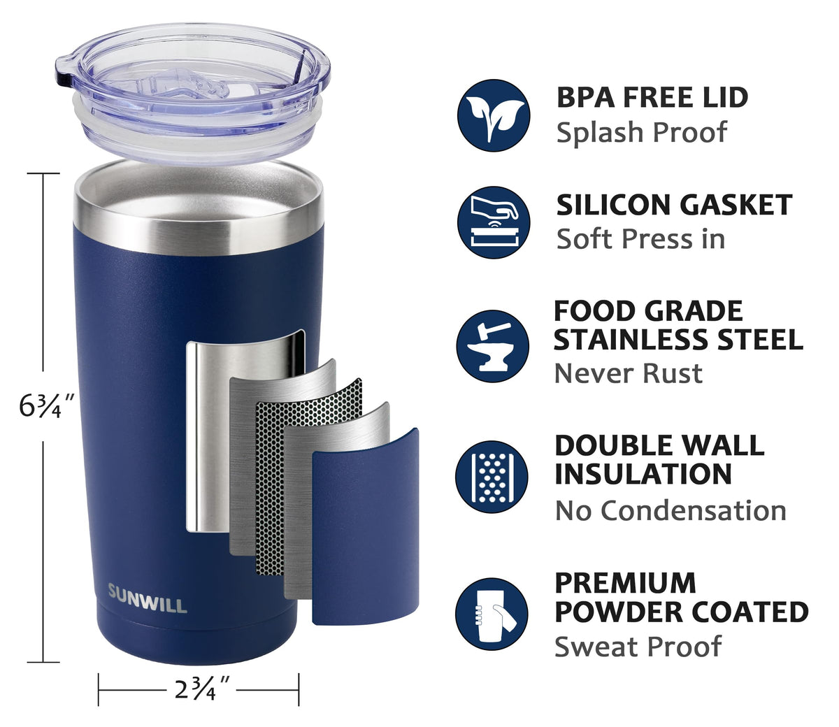 SUNWILL 20 oz insulated tumbler keeps drinks hot or cold during travel.