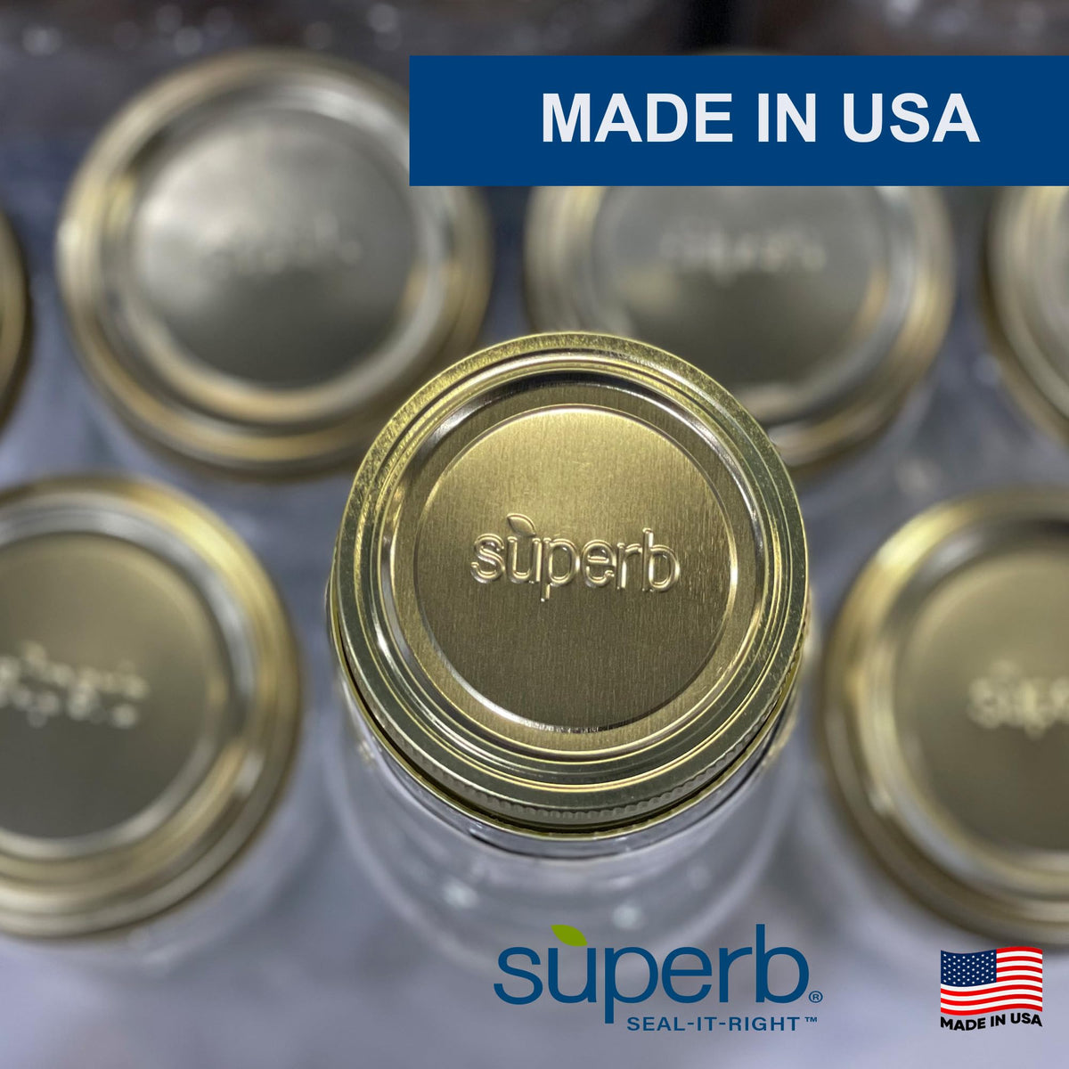 Superb Sealing Solutions USA-made lids close-up with BluSeal rubber for strong seals.