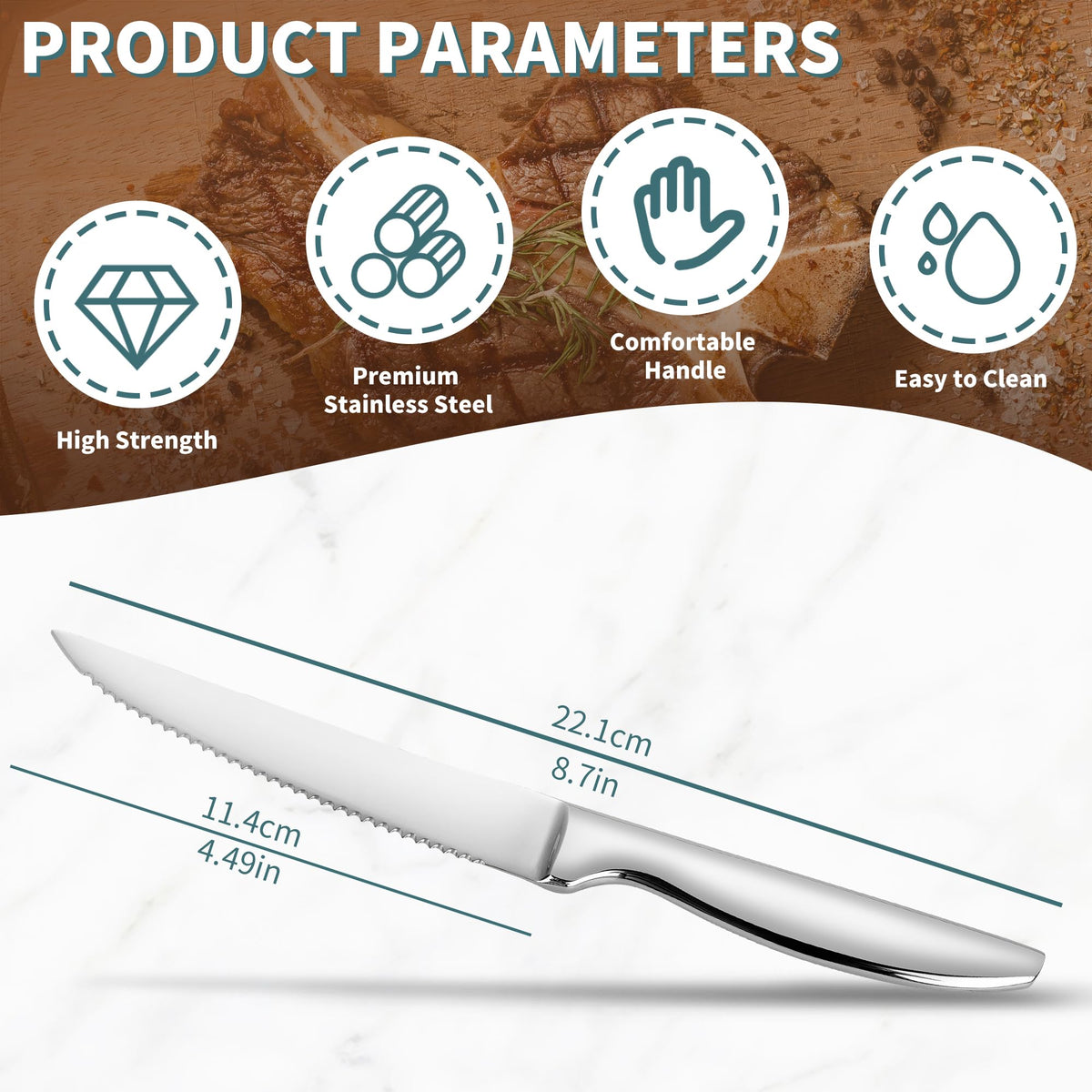 SuperCook 8-piece knife set dishwasher-safe stainless steel for quick cleanup.
