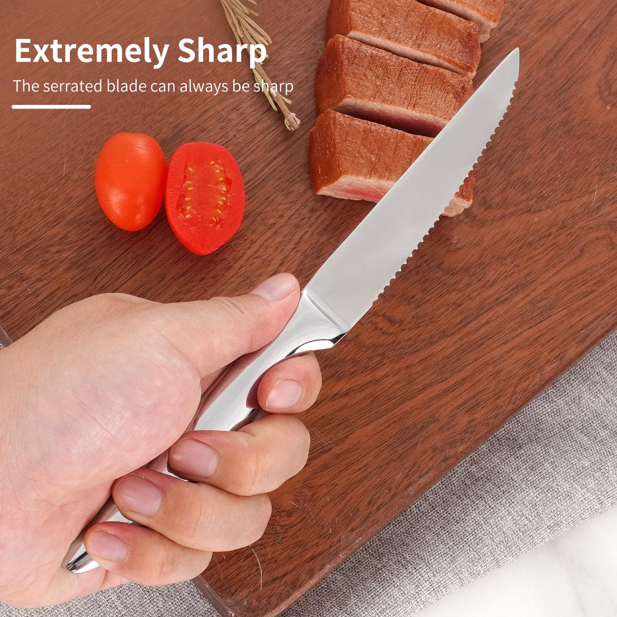 SuperCook 8-piece knife set arranged on table for family dinners.