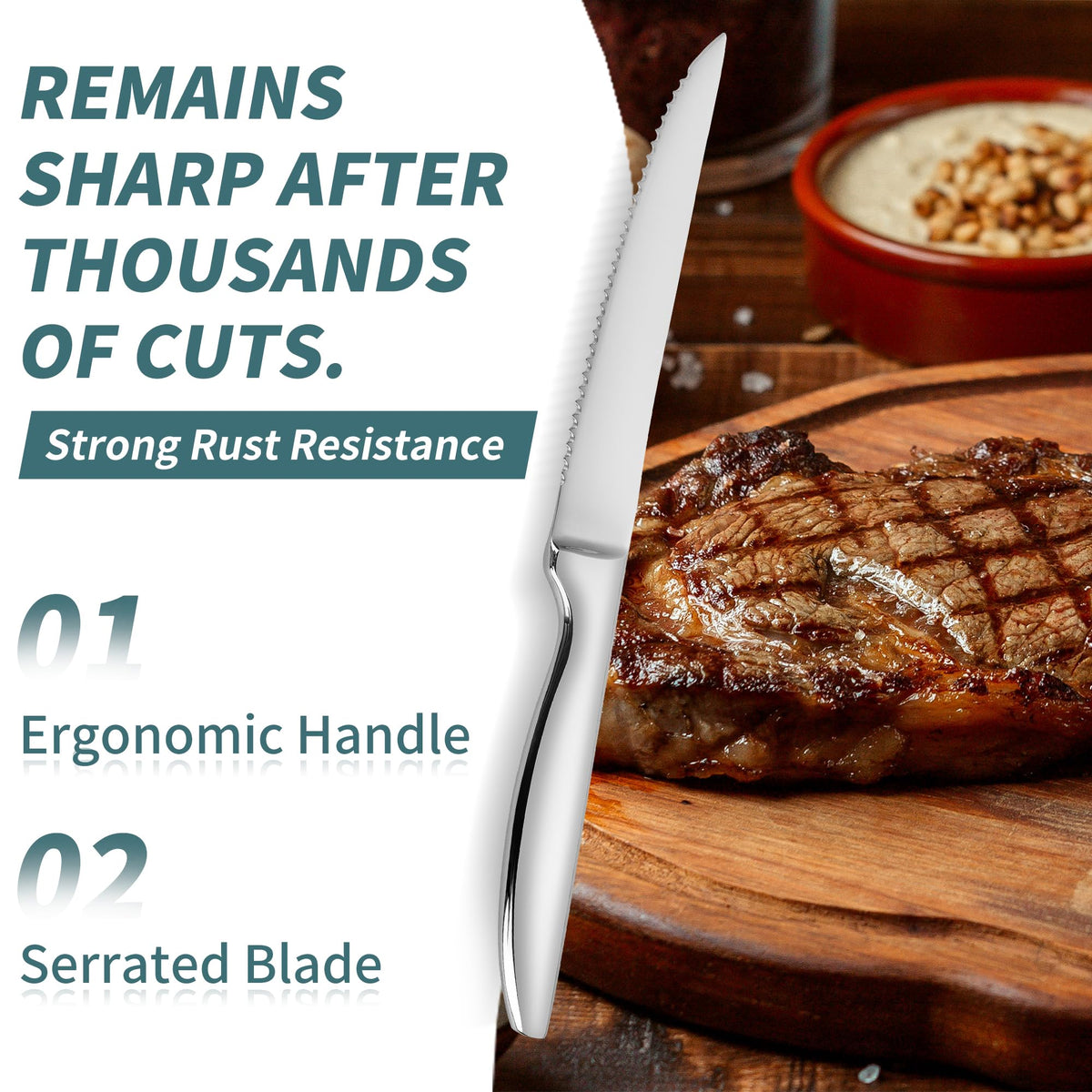 SuperCook steak knives set 12 serrated blades stay sharp with minimal sharpening