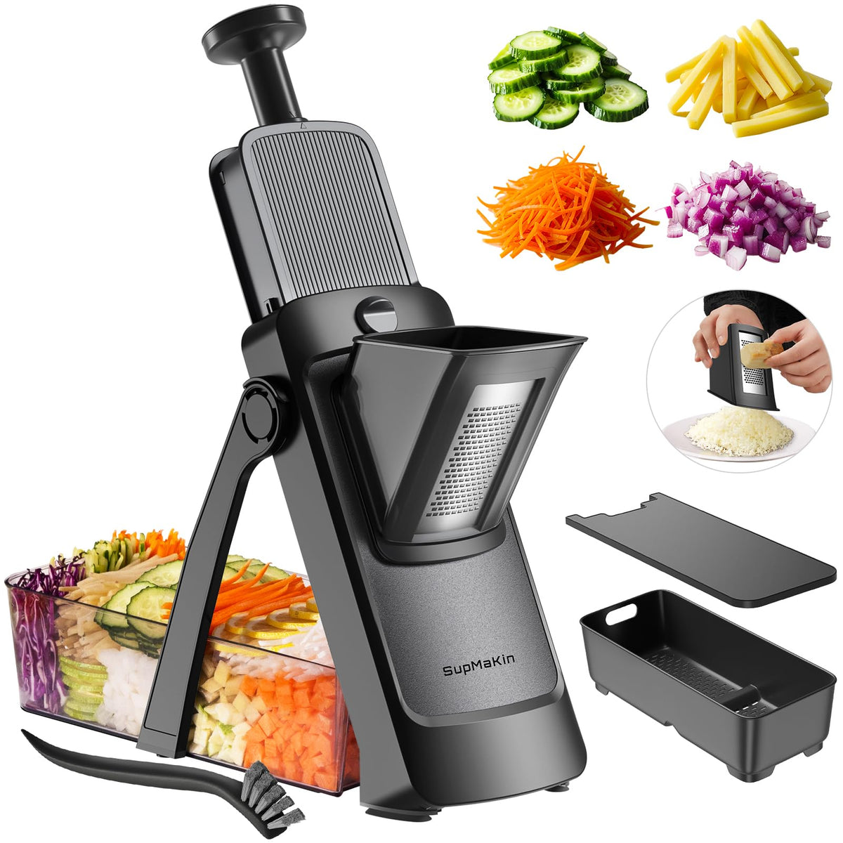 SupMaKin rust-resistant 420 stainless steel blades deliver even slices.