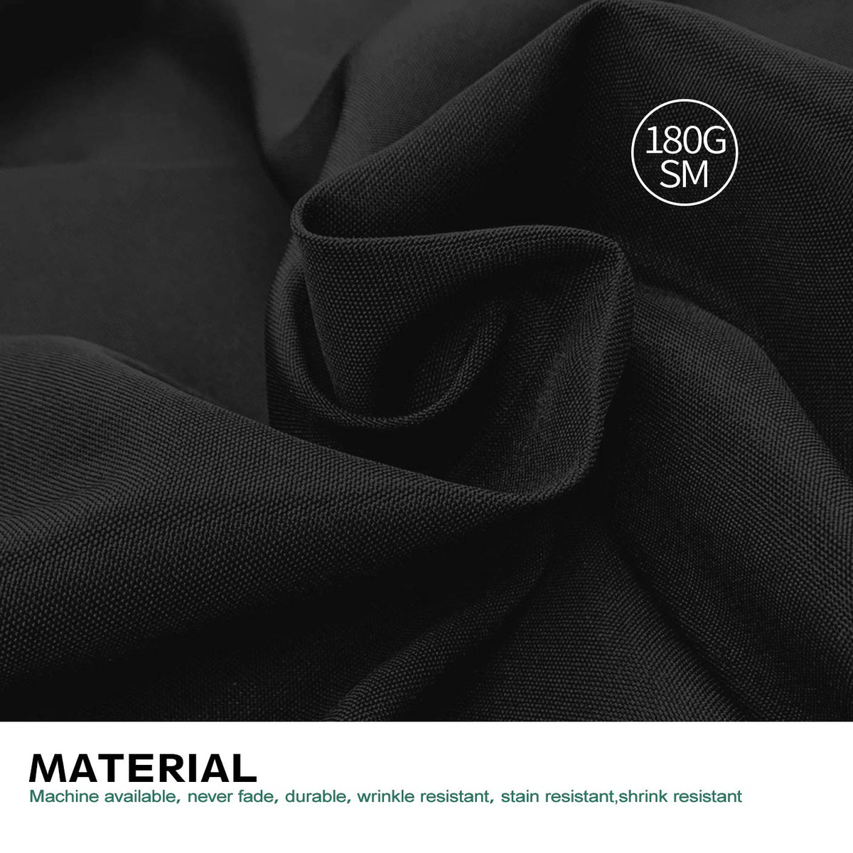 Surmente black tablecloth closeup shows soft polyester fabric and durability.