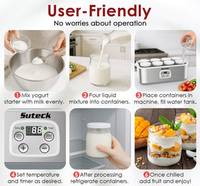 Suteck yogurt maker eight glass jars for versatile family portions.