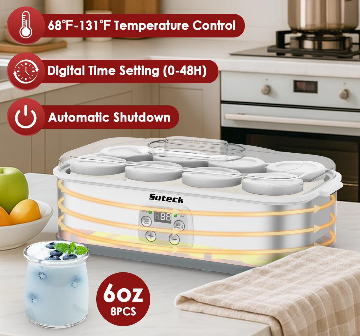 Suteck yogurt maker with auto shut-off ensures worry-free fermentation.