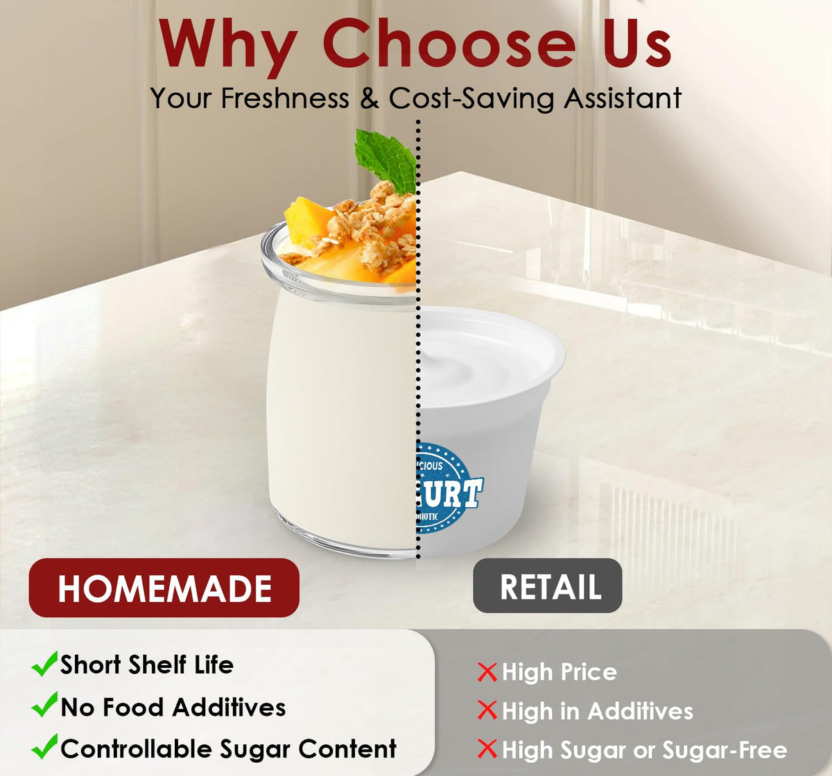 Suteck yogurt maker with precise temperature control from 68 to 131°F.