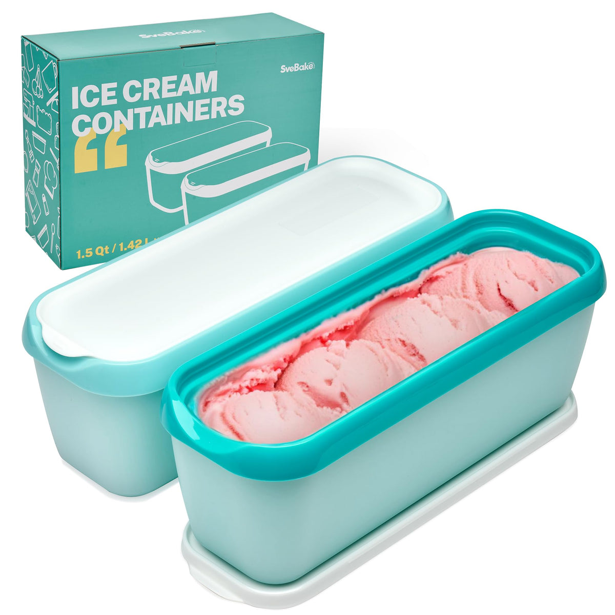 SveBake turquoise lid ice cream container top view showing color-coded flavor labeling