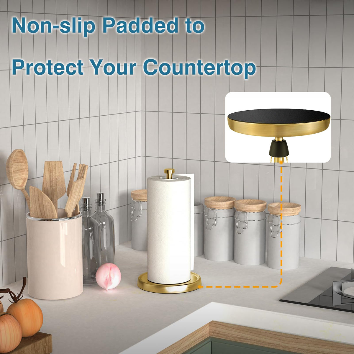 Swaitee countertop towel stand at 12.64 inches tall fits most rolls.
