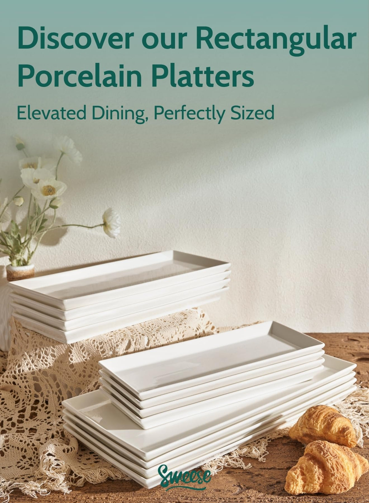 Sweese rectangular porcelain platter on kitchen counter for snacks