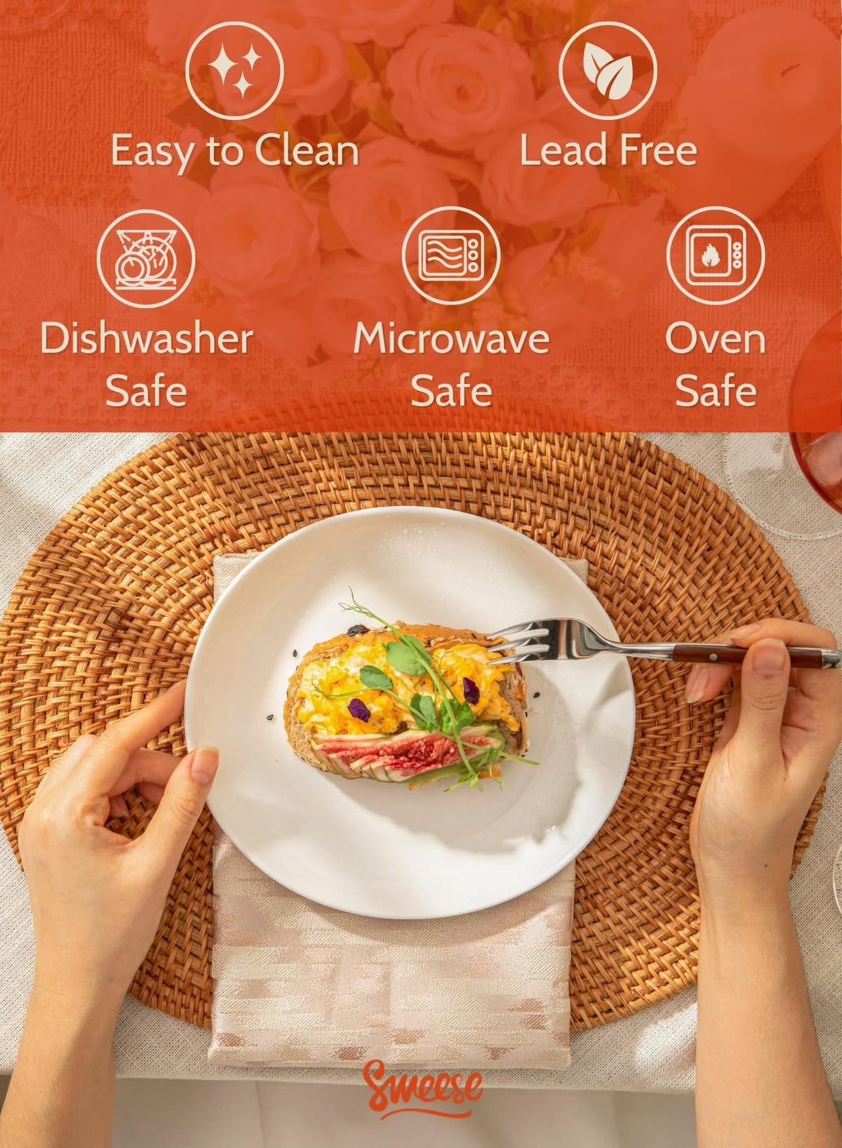 Sweese white dessert plate stack showing chip-resistance and durability.