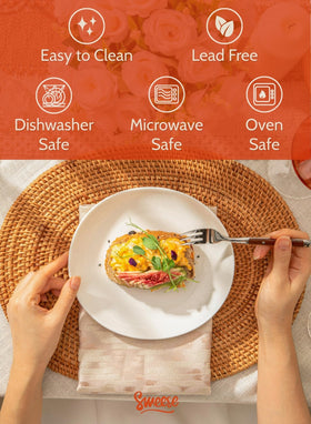 Sweese white dessert plate stack showing chip-resistance and durability.