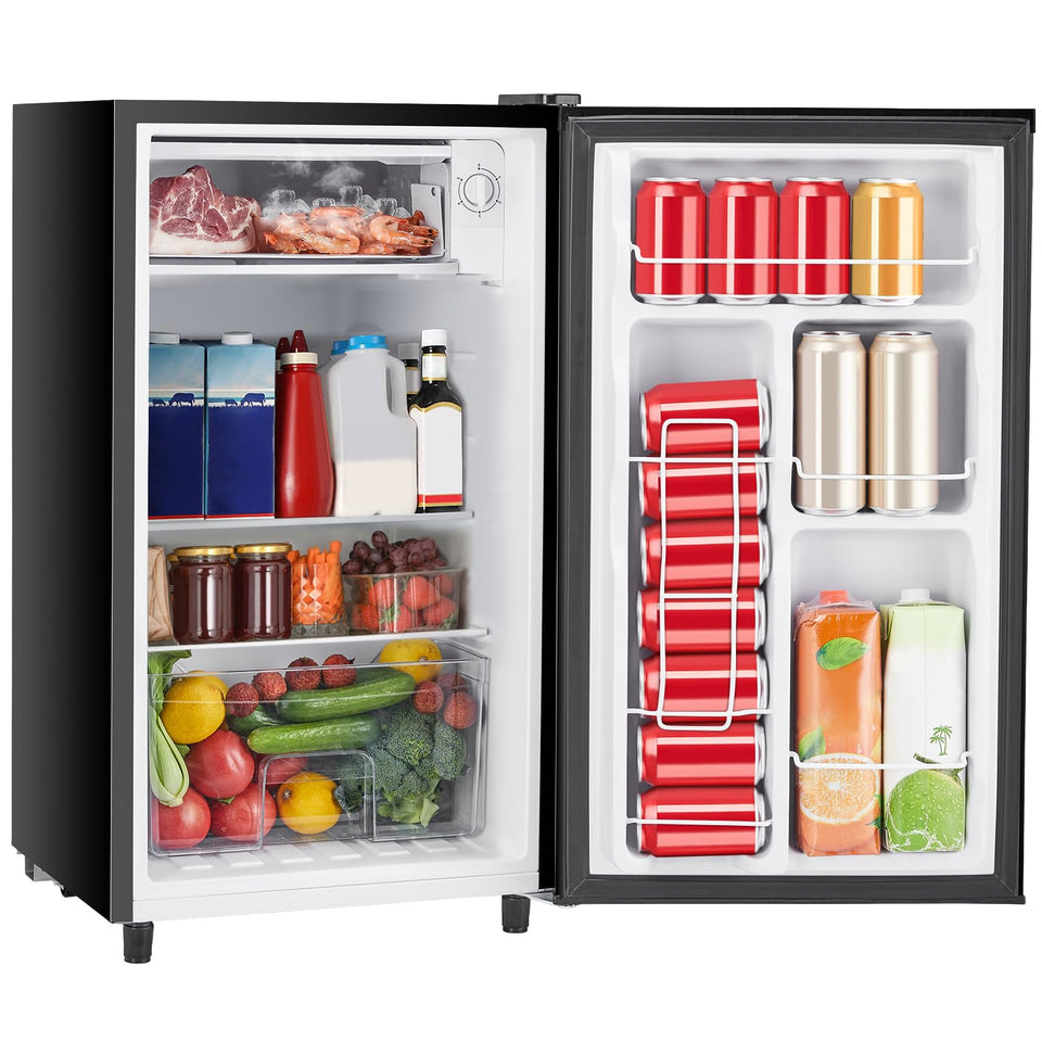Sweetcrispy mini fridge front view showing two door design for dorms and desks