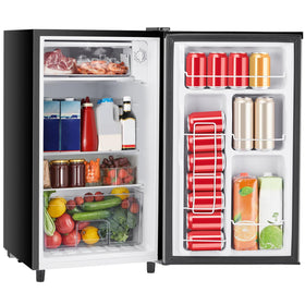 Sweetcrispy mini fridge silver front view shows compact space-saving design for small rooms.