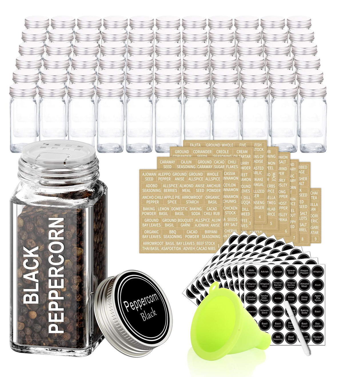 SWOMMOLY 42 glass spice jars organized for a tidy, accessible kitchen.