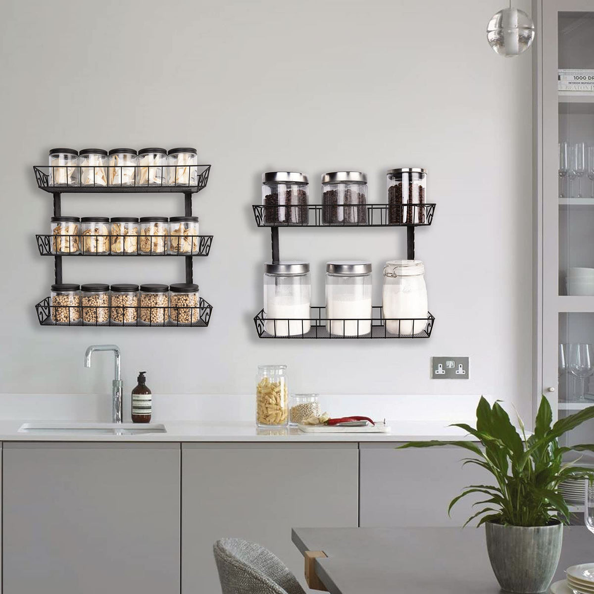 SWOMMOLY adjustable-height shelves accommodate tall bottles and large jars.