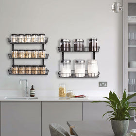 SWOMMOLY adjustable-height shelves accommodate tall bottles and large jars.