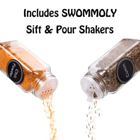 SWOMMOLY organized spice rack using airtight 4oz jars.