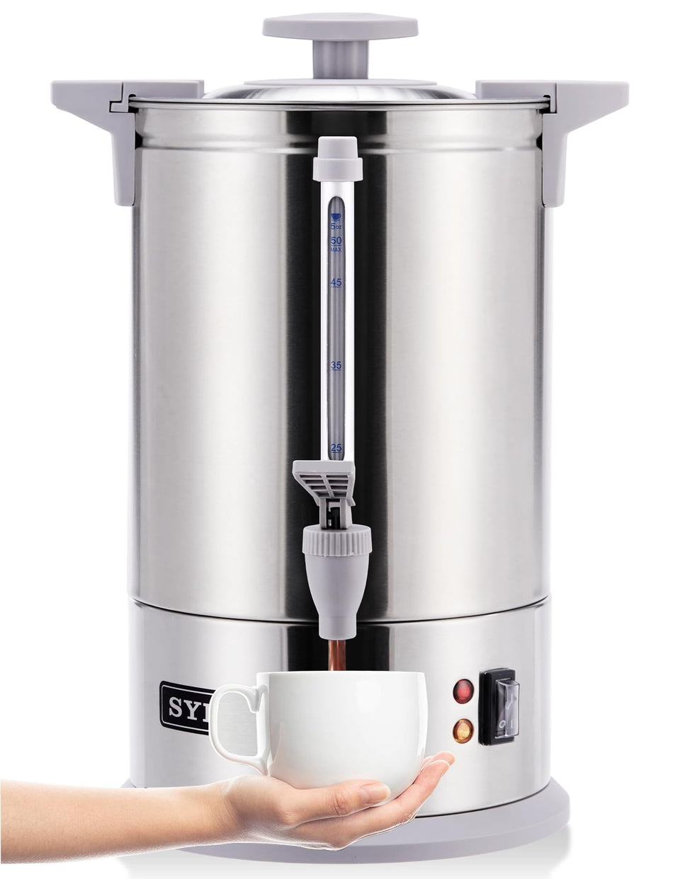 SYBO Percolate coffee maker front view demonstrates a durable stainless body for catering