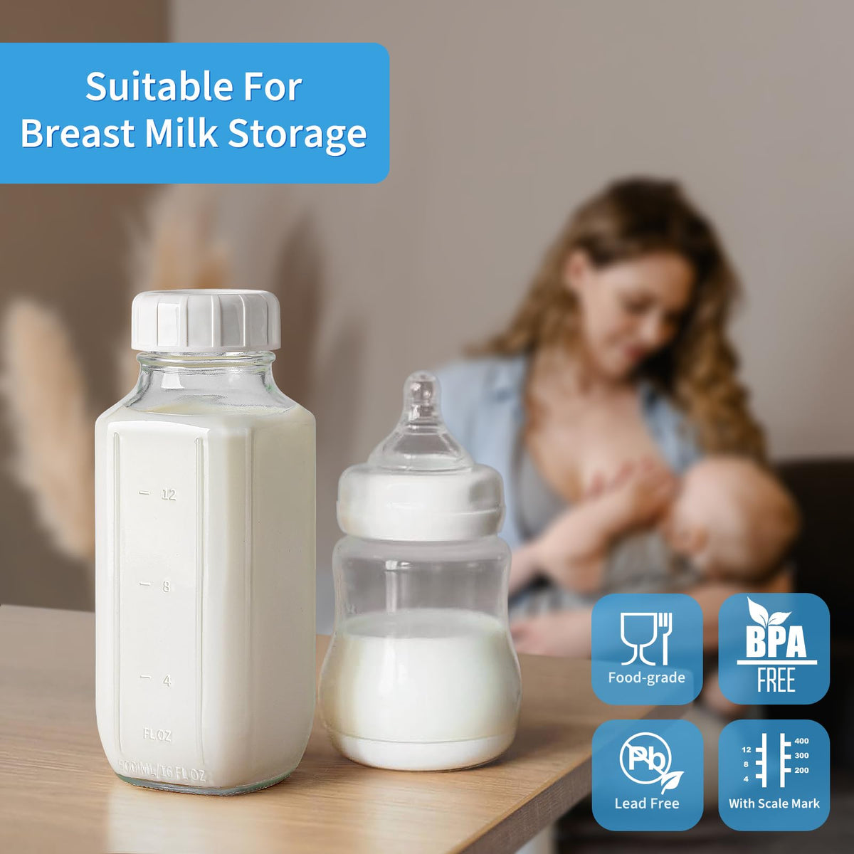 Syntic breast milk pitcher glass bottles for safe, portioned storage.