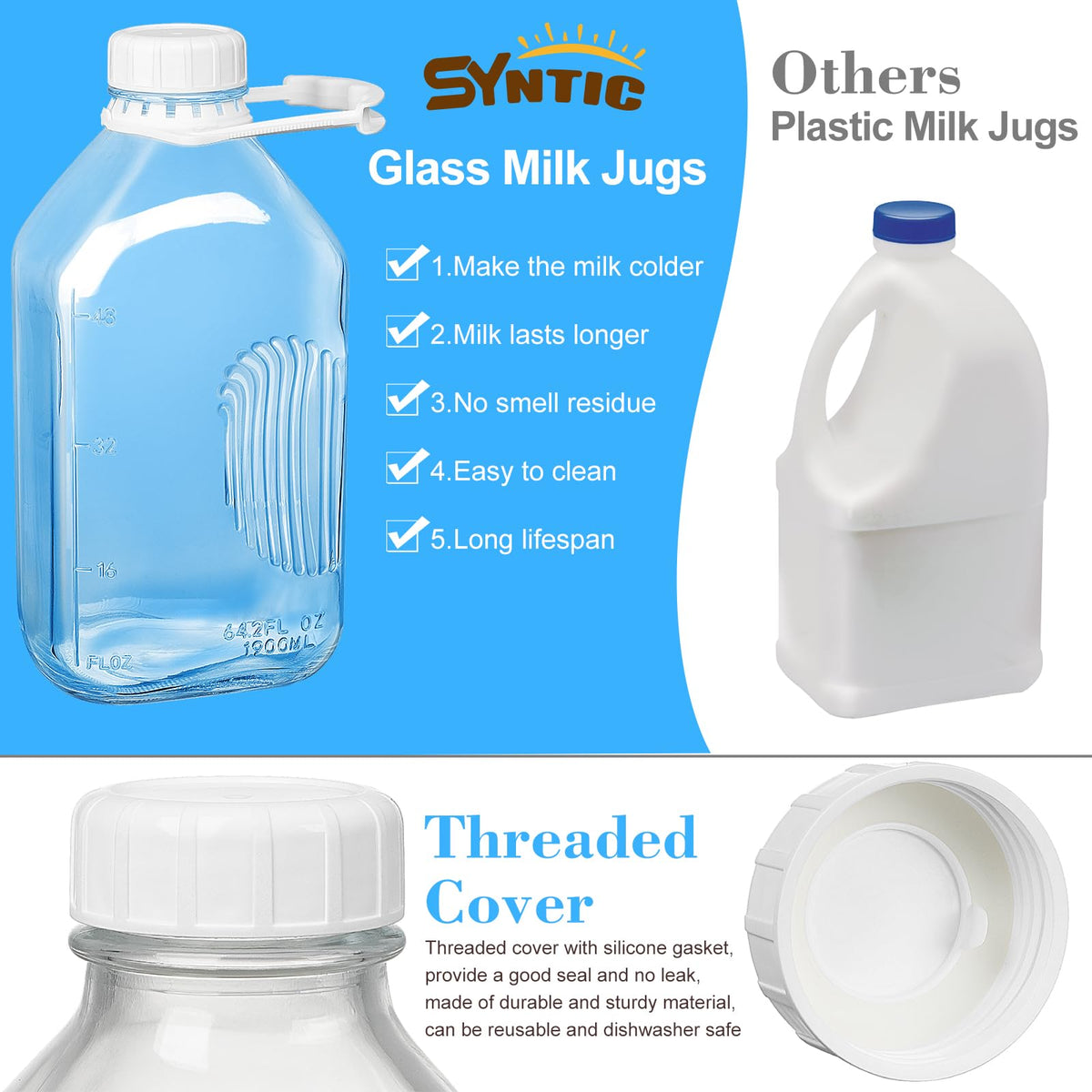 Syntic fridge-safe glass milk container keeps beverages cold