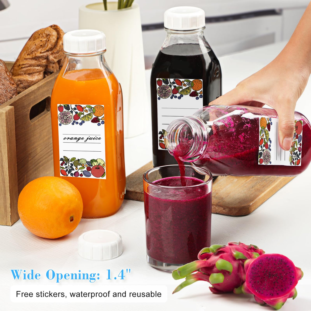 Wide mouth and pour spout enable easy use and pouring.