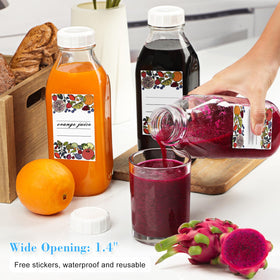 Wide mouth and pour spout enable easy use and pouring.