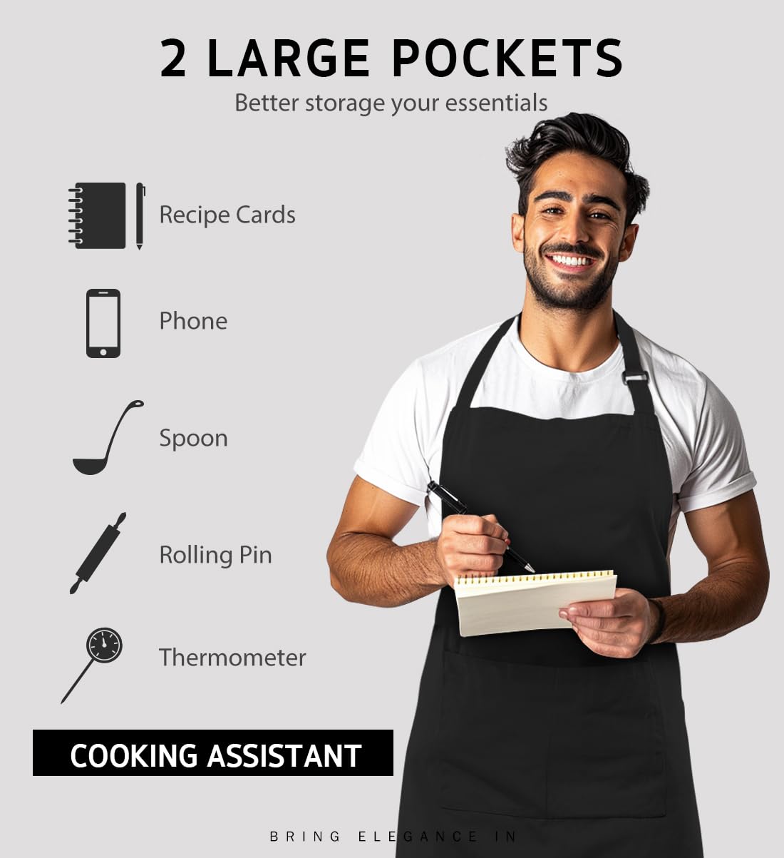 Syntus black bib apron highlighting pocket size for tools and phone.