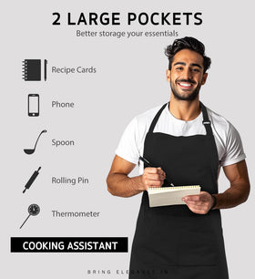Syntus black bib apron highlighting pocket size for tools and phone.