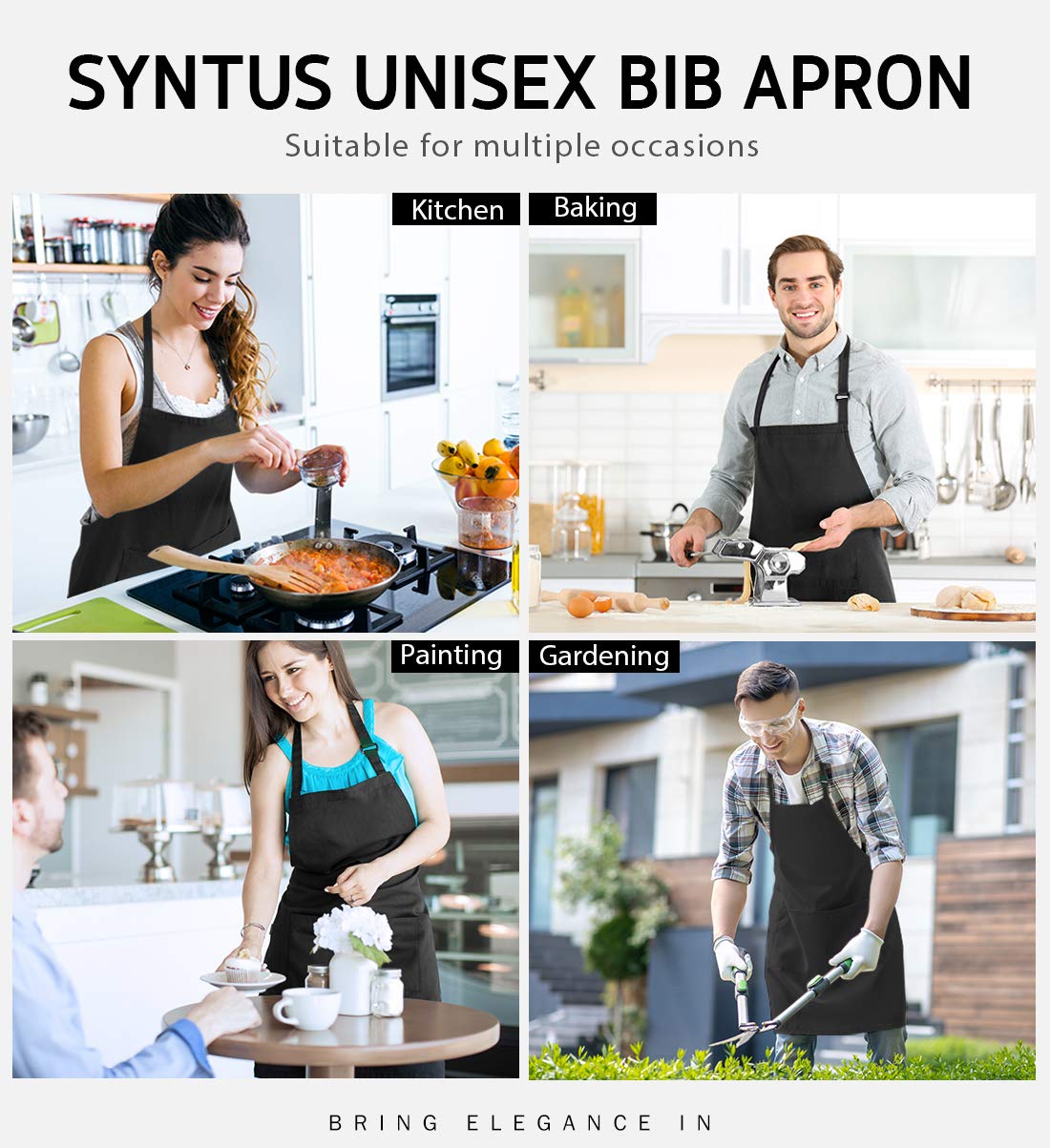 Syntus unisex black bib apron suitable for cooking, grilling, and crafts.
