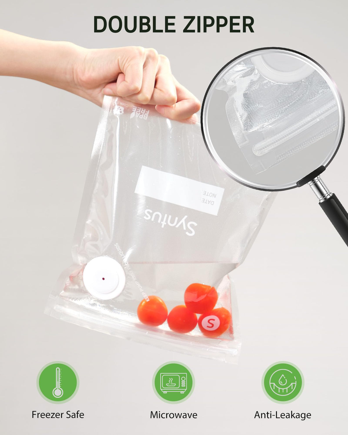 Syntus reusable zipper enables resealing after each use.