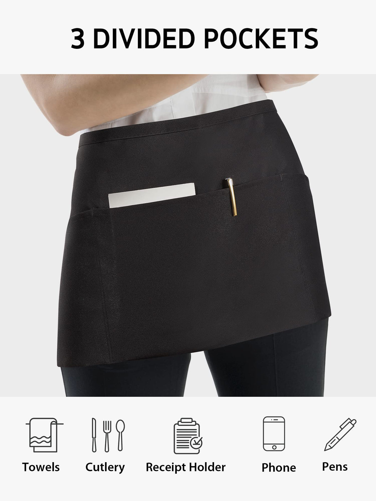Syntus waist apron long ties for flexible fit around the waist.