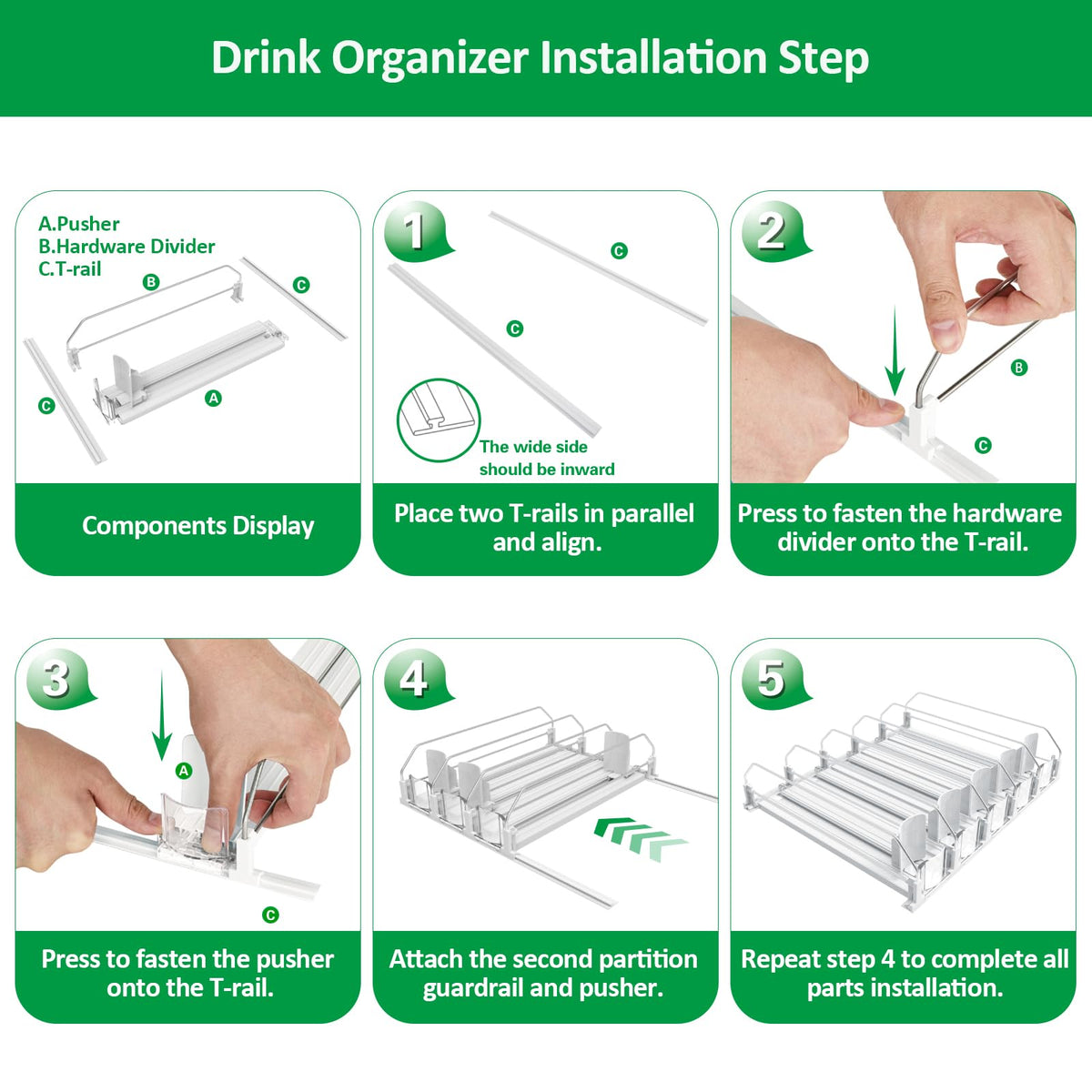 SZNLZQ drink organizer fridge pusher packaging presents easy setup and instruction.