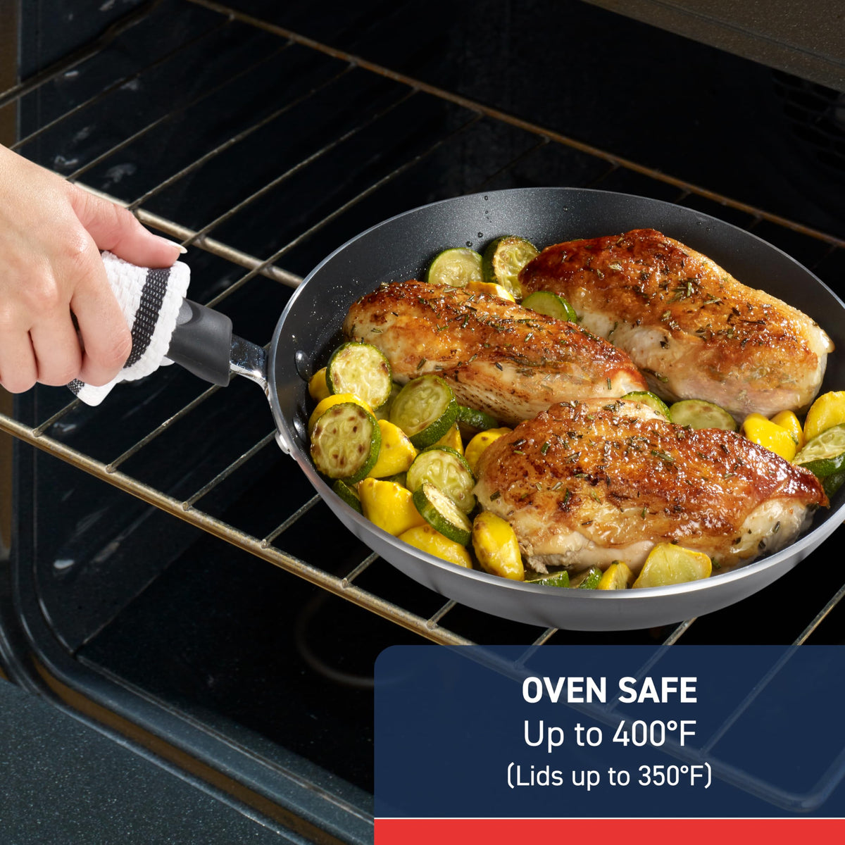 T-Fal Experience oven-safe up to 400F supports browning in the oven.