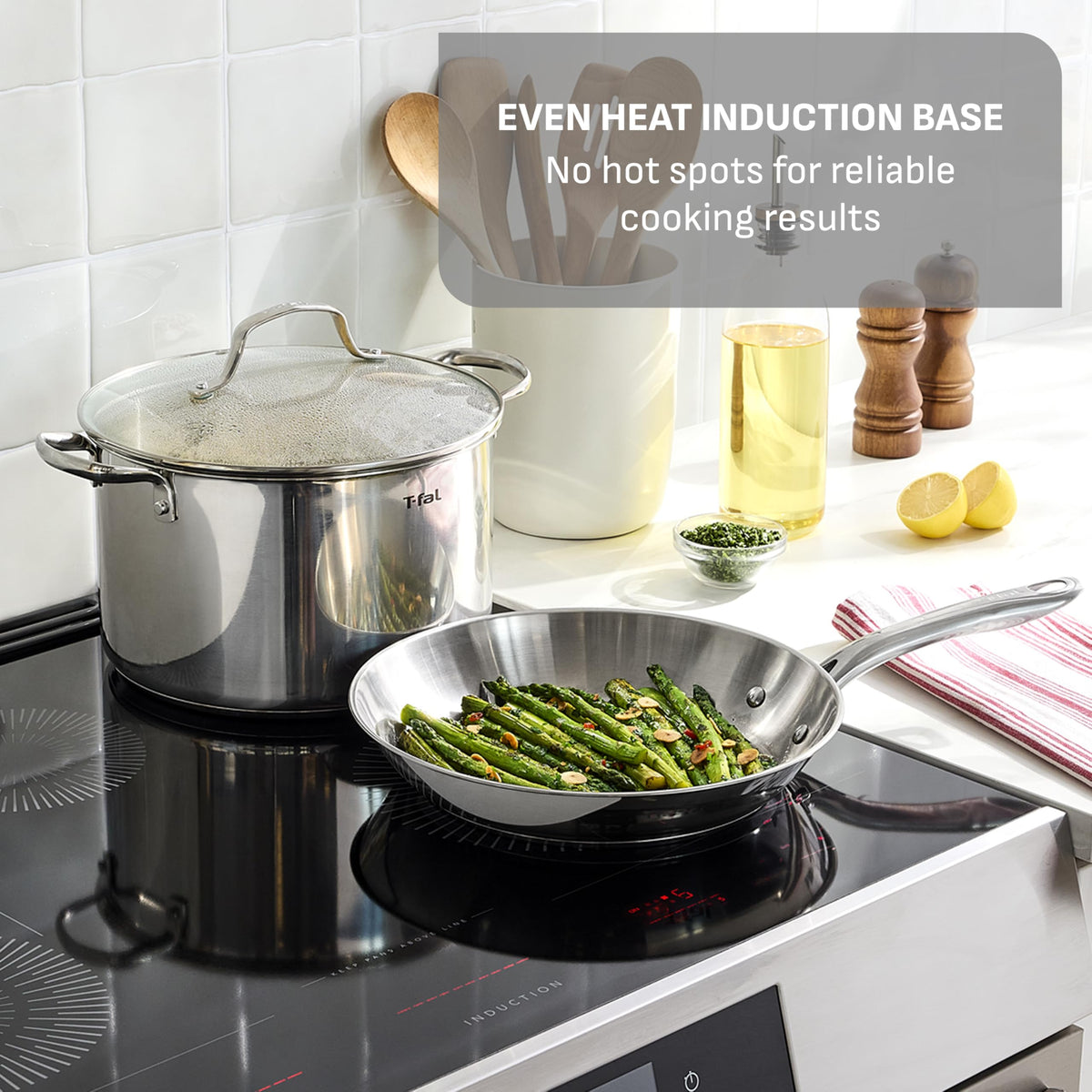 T-Fal Gourmet induction-base pans heat evenly on induction cooktops