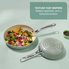 T-Fal Inspire 8-inch frypan nonstick coating detail highlights smooth release for effortless cooking.