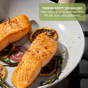 T-Fal Refresh ceramic pan showing Thermo-Spot indicator for preheat cue.